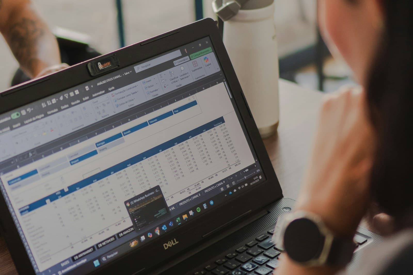 Professional reviewing spreadsheet data on a laptop